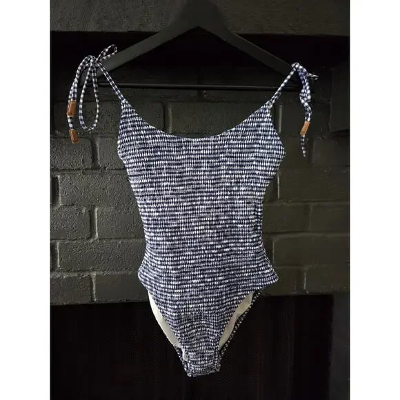 Sperry Womens Gingham Smocked Blue and white One Piece Swimsuit size Large - Picture 1 of 6